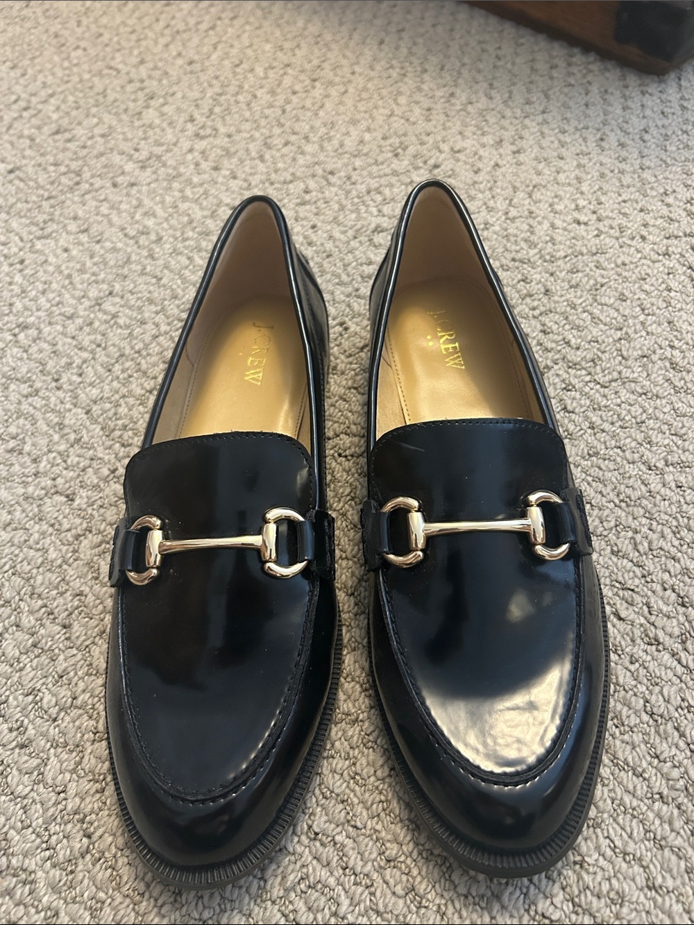 J. Crew Black Patent Loafers with Gold Bit